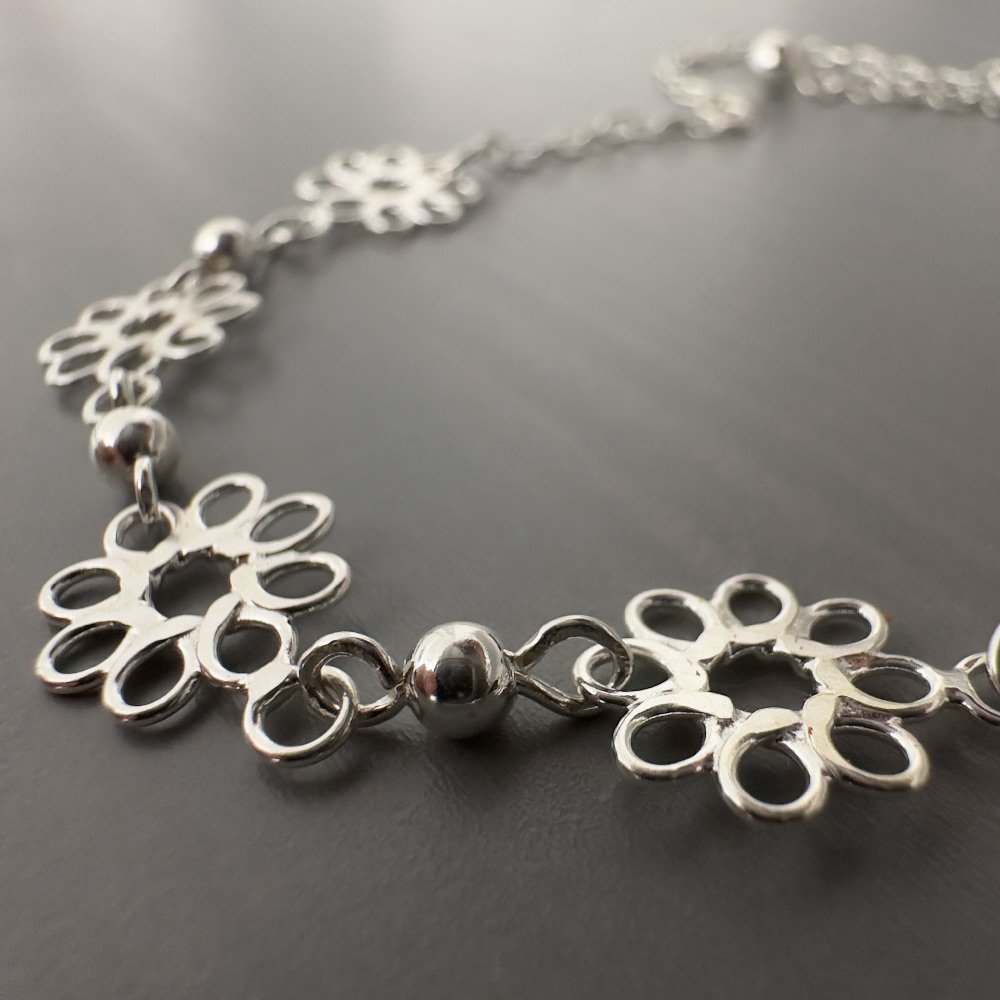 G13-You-Are-Deserving-Anklet Close up of four pretty sterling silver flowers with eight petals linked together on an ankle bracelet.